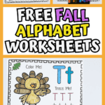 Fall letter worksheets collage with acorn, tree, pumpkin, corn, and turkey illustrations to trace and write letters.