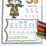 Scarecrow alphabet worksheet for letter S with a scarecrow image to color, and tracing/writing practice for uppercase and lowercase S.