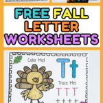 Collage of fall-themed ABC worksheets for letters S, P, and T, featuring scarecrow, pumpkin, and turkey images.