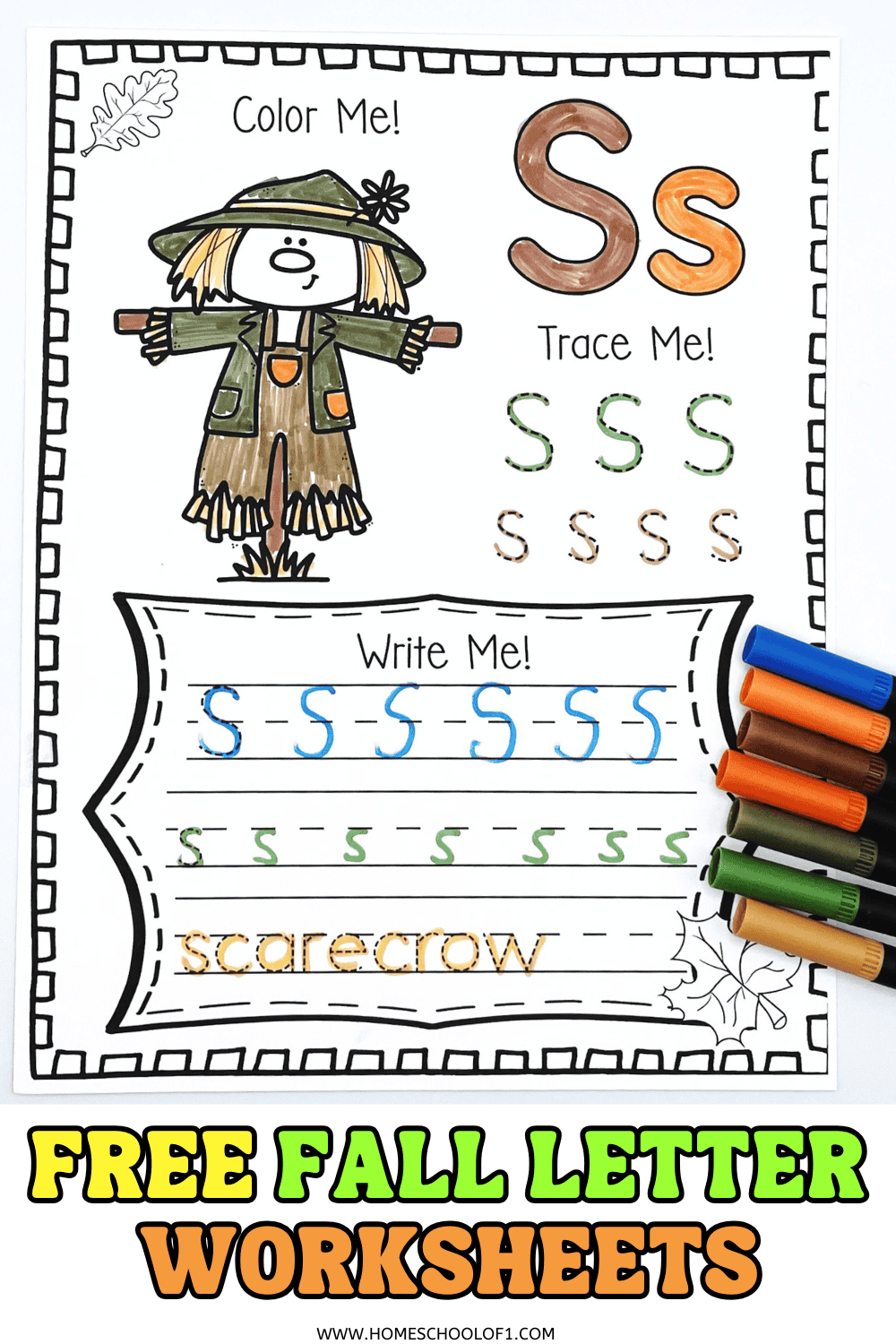 Scarecrow alphabet worksheet for letter S with a scarecrow image to color, and tracing/writing practice for uppercase and lowercase S.