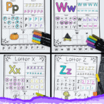 Free Halloween alphabet worksheets for preschool featuring the letters P, W, X, and Z with fun themed graphics and colorful tracing sections.