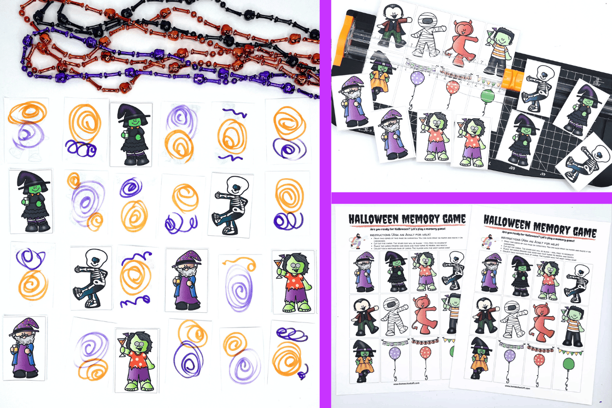 Printable Halloween memory game for kids featuring colorful cartoon monsters, witches, and skeletons with DIY card backs, cutting tools, and printed instruction sheets.