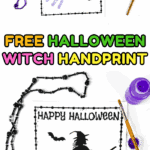 Halloween witch handprint activity with witch flying on broom and child’s painted handprint