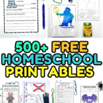 Vertical layout of free homeschool printables featuring activities on the alphabet, amendments, science, geography, and writing.