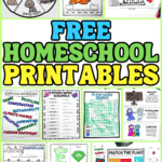 Free homeschool printables collage featuring life cycle, anatomy, Constitution Day, vocabulary, word puzzles, alphabet, reading, and geography worksheets