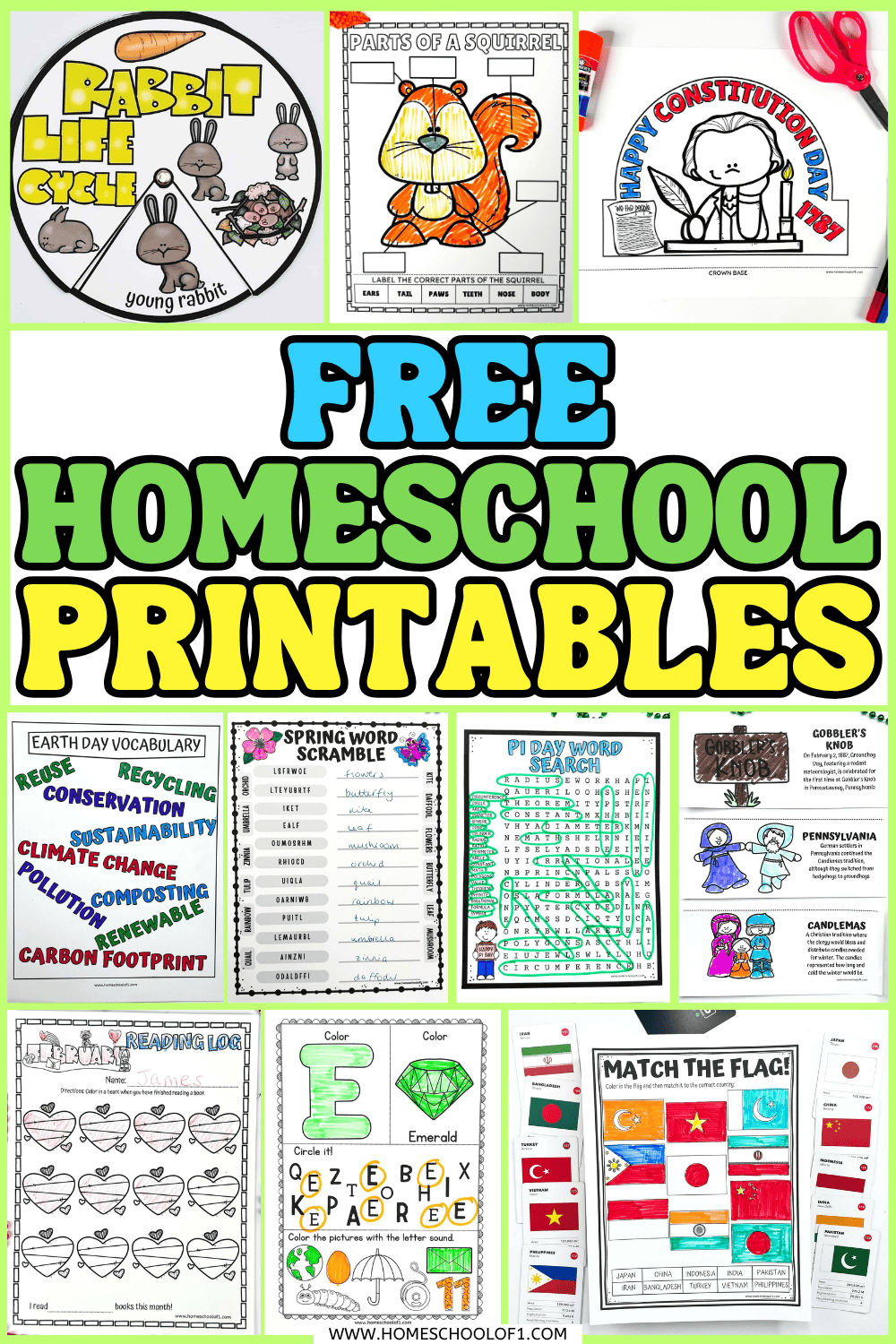 Free homeschool printables collage featuring life cycle, anatomy, Constitution Day, vocabulary, word puzzles, alphabet, reading, and geography worksheets
