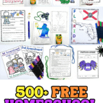 Educational image showing 500+ free homeschool worksheets for kids, with coloring, writing, geography, and anatomy practice sheets.