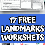 Set of 17 free printable landmarks worksheets for kids including pages on the White House, Empire State Building, and Arlington Amphitheater with engaging geography and history prompts.
