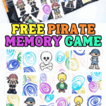 Colorful printable pirate memory game cards featuring cartoon pirates, parrots, and skulls, shown being cut with a paper trimmer and arranged for gameplay.