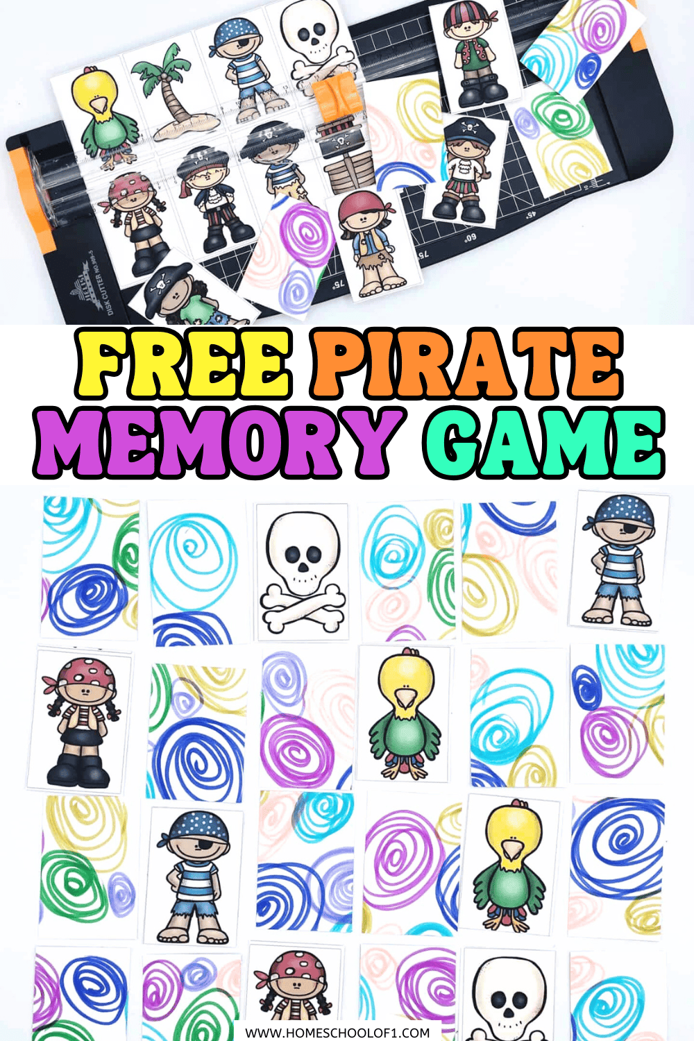 Colorful printable pirate memory game cards featuring cartoon pirates, parrots, and skulls, shown being cut with a paper trimmer and arranged for gameplay.


