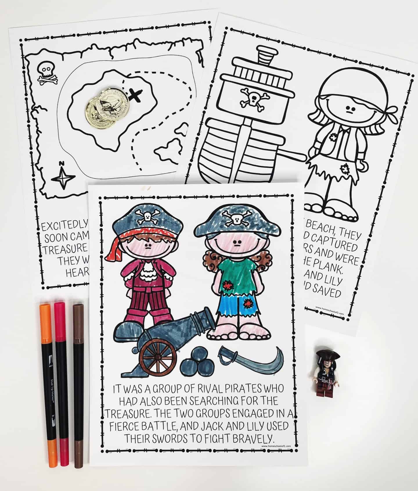  Three pirate-themed coloring pages are displayed on a white surface. The central page is colored and shows two cartoon pirates, Jack and Lily, standing next to a cannon, with a caption about them bravely fighting rival pirates. The surrounding pages include a treasure map with gold coins on top, and an uncolored pirate ship and character. Three markers (pink, brown, orange) and a LEGO pirate figure are also visible as props.