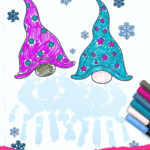 Gnome handprint craft with “Free Printable” banner, featuring handprint beards and snowflake decorations