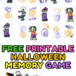 Printable Halloween memory game cards featuring cartoon monsters, witches, and skeletons with hand-colored card backs.