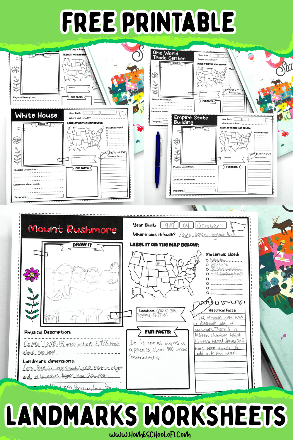 Printable U.S. landmarks worksheets for kids featuring activities on Mount Rushmore, White House, Empire State Building, and One World Trade Center with mapping, drawing, and fact sections.

