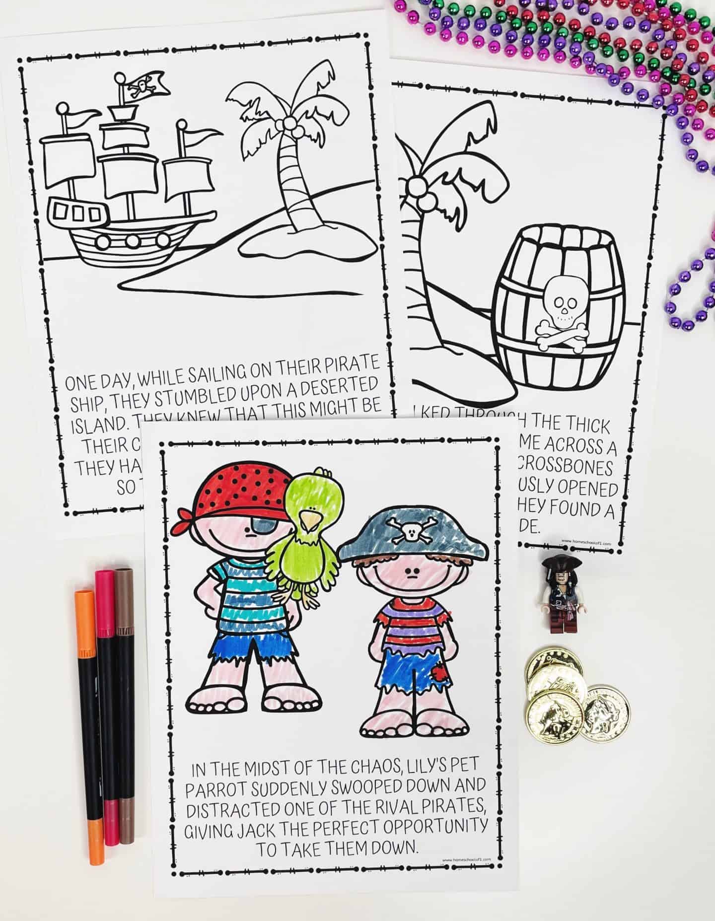 Three pirate-themed coloring pages are displayed. One is fully colored and features two cartoon pirates—one with a red bandana and green parrot, the other in a blue pirate hat—with a story about a parrot helping distract a rival pirate. The other two pages, uncolored, depict a pirate ship near an island and a barrel with a skull and crossbones. Markers, gold play coins, a small pirate figurine, and strands of purple and green beads decorate the scene.