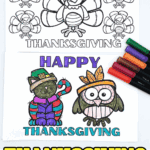 Black and white and colored Thanksgiving cards featuring turkeys, a cat in a pilgrim outfit, and an owl in a headdress.