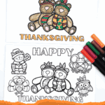 Thanksgiving coloring cards with bears, turkeys, and a festive cat. Some are fully colored; others are black and white outlines.