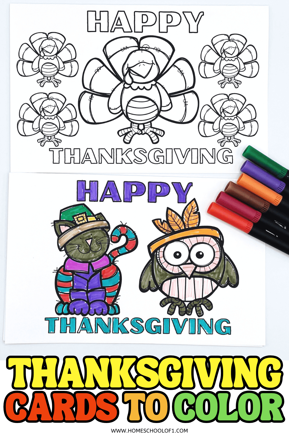 Black and white and colored Thanksgiving cards featuring turkeys, a cat in a pilgrim outfit, and an owl in a headdress.

