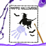 Printable witch handprint craft for Halloween with black witch silhouette and purple paint handprint