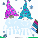Colorful gnome handprint art with teal and magenta hats, free template banner, and snowflake background