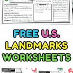 Free U.S. landmarks worksheets for elementary students showing Mount Rushmore activity page with drawing, map labeling, and fun facts, alongside additional sheets on key American landmarks.