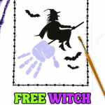 Free witch handprint craft printable with flying witch silhouette and purple handprint for Halloween art activity