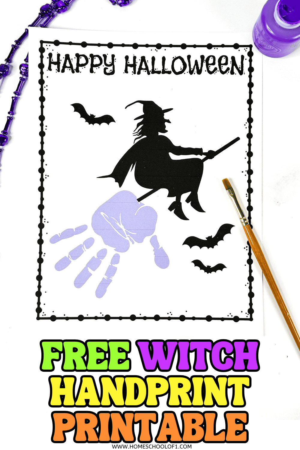 Free witch handprint craft printable with flying witch silhouette and purple handprint for Halloween art activity