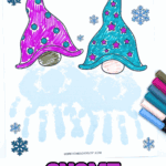 Finished gnome handprint craft with pink and blue gnome hats, handprint beards, and snowflakes