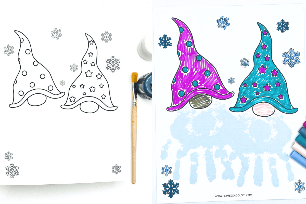 Side-by-side view of gnome handprint art template and completed craft with colorful hats and painted handprint beards