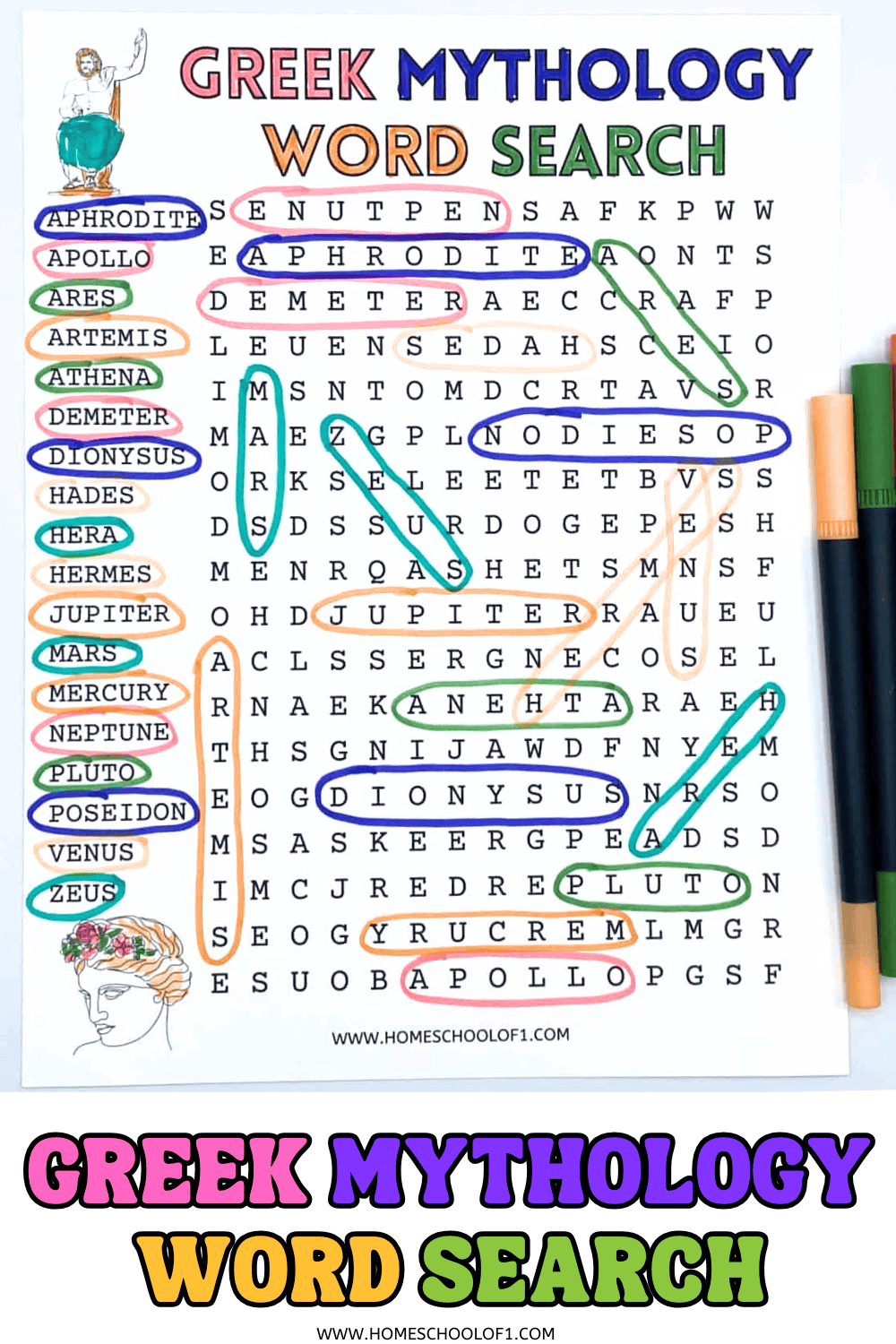 A colorful Greek mythology word search puzzle featuring names of gods and goddesses such as Aphrodite, Apollo, Ares, Artemis, Athena, Demeter, Dionysus, Hades, Hera, Hermes, Jupiter, Mars, Mercury, Neptune, Pluto, Poseidon, Venus, and Zeus. Each name is circled in various colors within the grid, and markers are placed beside the worksheet. The heading "Greek Mythology Word Search" appears in large, multicolored letters at the top.