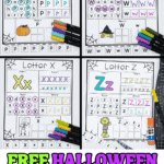 Printable Halloween alphabet worksheets with spooky letter activities for preschoolers to color, trace, and identify letters P, W, X, and Z.