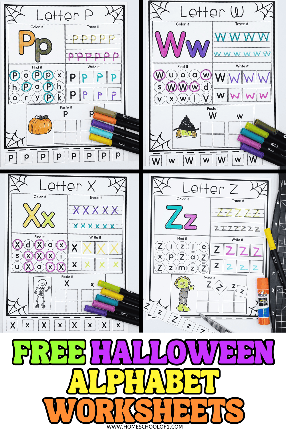 Printable Halloween alphabet worksheets with spooky letter activities for preschoolers to color, trace, and identify letters P, W, X, and Z.



