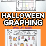 Free Halloween graphing worksheets for kids featuring spooky images like tombstones, trick-or-treat bags, witches, ghosts, and candy jars. Children color the pictures, count each item, and graph the totals using bar graphs. Shown completed with crayons and a decorative spider, ideal for preschool and kindergarten math activities.