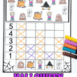 Free Halloween graphing worksheet for preschool and kindergarten featuring tombstones, trick-or-treat bags, scared kids, witches, and skeletons. Children color the images and fill in the bar graph to count and compare quantities. Crayons shown beside completed worksheet.