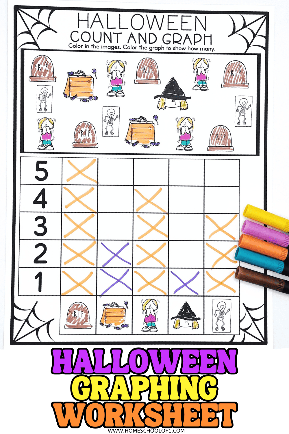 Free Halloween graphing worksheet for preschool and kindergarten featuring tombstones, trick-or-treat bags, scared kids, witches, and skeletons. Children color the images and fill in the bar graph to count and compare quantities. Crayons shown beside completed worksheet.
