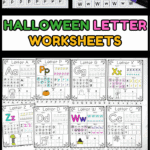 A full set of Halloween letter worksheets A–Z with themed characters and tracing, coloring, letter finding, and cut-and-paste sections.