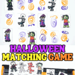 Halloween matching game cards being prepared with a paper cutter, featuring kid-friendly monsters, mummies, and witches.