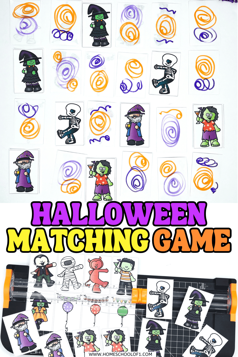 Halloween matching game cards being prepared with a paper cutter, featuring kid-friendly monsters, mummies, and witches.

