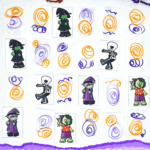 Halloween memory game printable with matching cards laid out, surrounded by festive purple and orange skeleton garland.