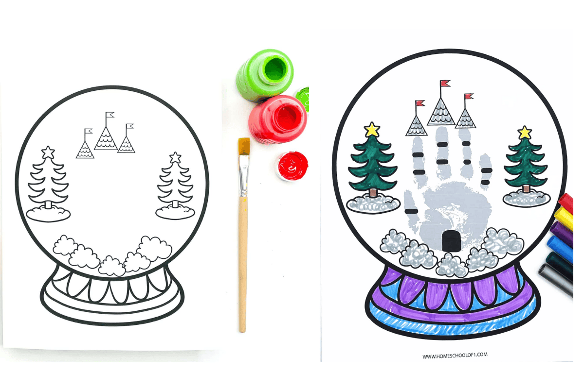 Side-by-side view of a snow globe handprint craft showing the blank printable template on the left with paint supplies, and the completed version on the right with a gray handprint forming a snow castle, colored trees, and markers.