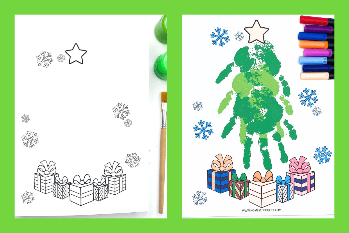 Side-by-side view of blank and completed Christmas tree handprint template showing how the printable transforms with painted handprints.