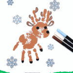 Handprint reindeer craft with blue snowflakes and text overlay saying “Free Printable Reindeer Handprint Printable.”