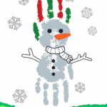 Snowman made from handprints with green holiday background and bold text reading “Free Printable Handprint Snowman.”