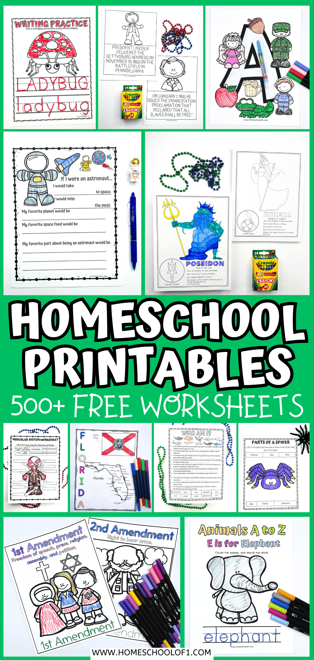 Colorful collage of free homeschool worksheets including writing, U.S. history, science, and anatomy, with “500+ Free Homeschool Worksheets” text.