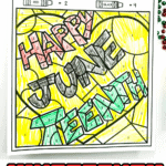 A close up picture of Happy Juneteenth color by number printable, colored in yellow, red, black, and green.