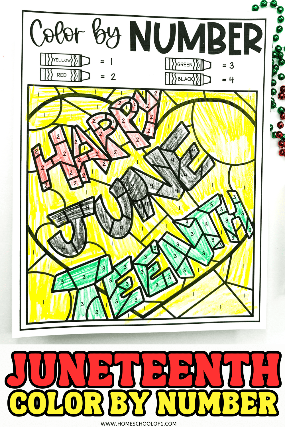 A close up picture of Happy Juneteenth color by number printable, colored in yellow, red, black, and green.