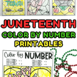 A selection of coloring pages with the words Juneteenth color by number printables. At the bottom there is a colored in page that reads Happy Juneteenth.