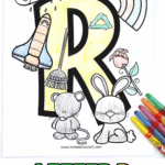 A kids' coloring page featuring a large, yellow letter "R" outlined in black, surrounded by objects that start with "R": a rainbow, a rocket, a rake, a rose, a rabbit, a rat, and raindrops from a cloud. The page is partially colored, and a set of colorful markers is placed beside it.