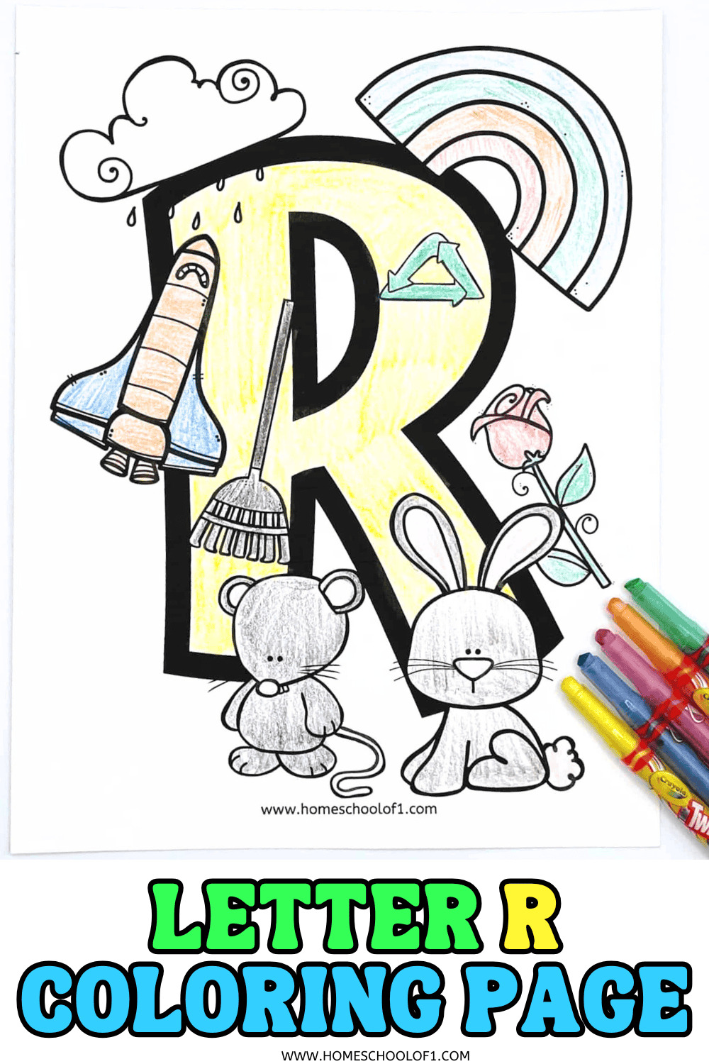 A kids' coloring page featuring a large, yellow letter "R" outlined in black, surrounded by objects that start with "R": a rainbow, a rocket, a rake, a rose, a rabbit, a rat, and raindrops from a cloud. The page is partially colored, and a set of colorful markers is placed beside it.