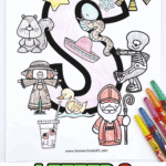 Letter S coloring page printable for kids showing an uppercase S with themed pictures to color, including a snake, sun, scarecrow, skeleton, and more, alongside bold text reading Letter S Coloring Page.